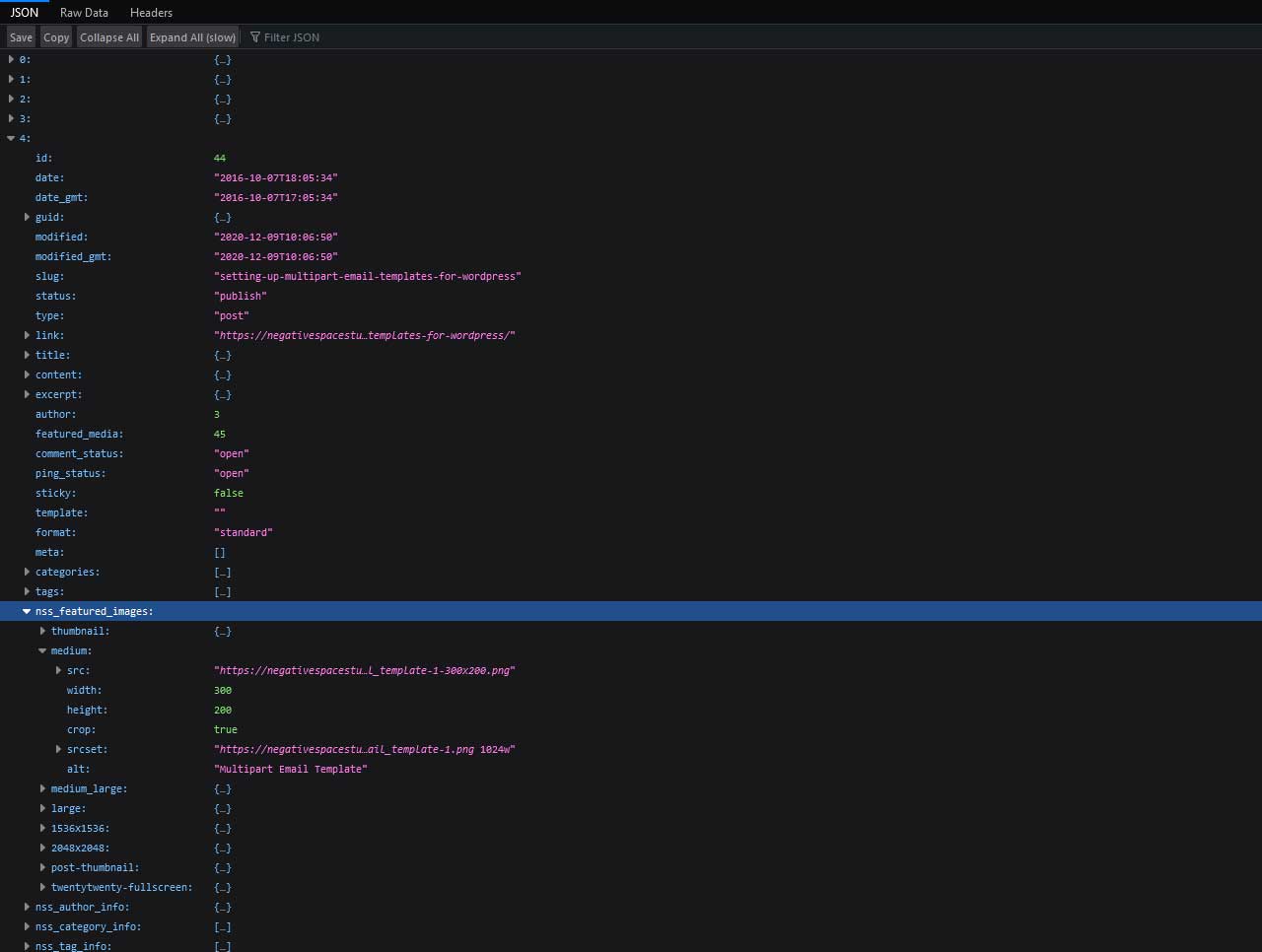 Extending the WordPress JSON API to include featured image urls